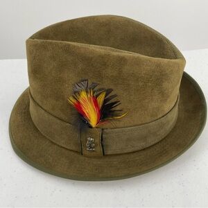 Hush Puppies Vintage Olive Green Pigskin Feather Dog Logo Fedora Hat 60's 70's